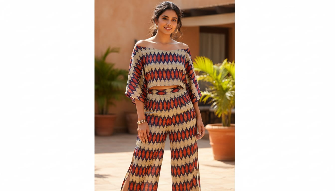 Morden Multicolour Ikat Repeat Digital Printed Fabric - Tusser Silk