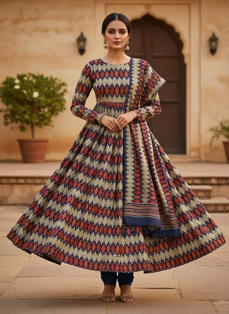 Morden Multicolour Ikat Repeat Digital Printed Fabric - Tusser Silk