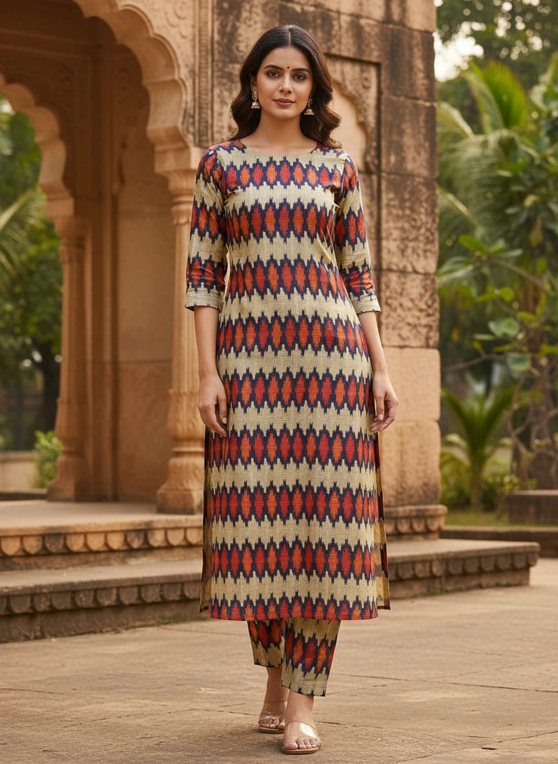 Morden Multicolour Ikat Repeat Digital Printed Fabric - Tusser Silk
