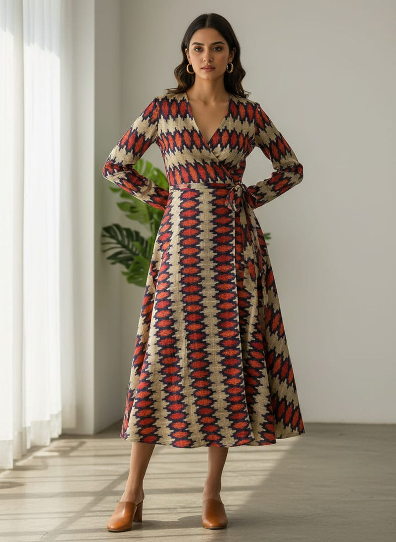 Morden Multicolour Ikat Repeat Digital Printed Fabric - Tusser Silk