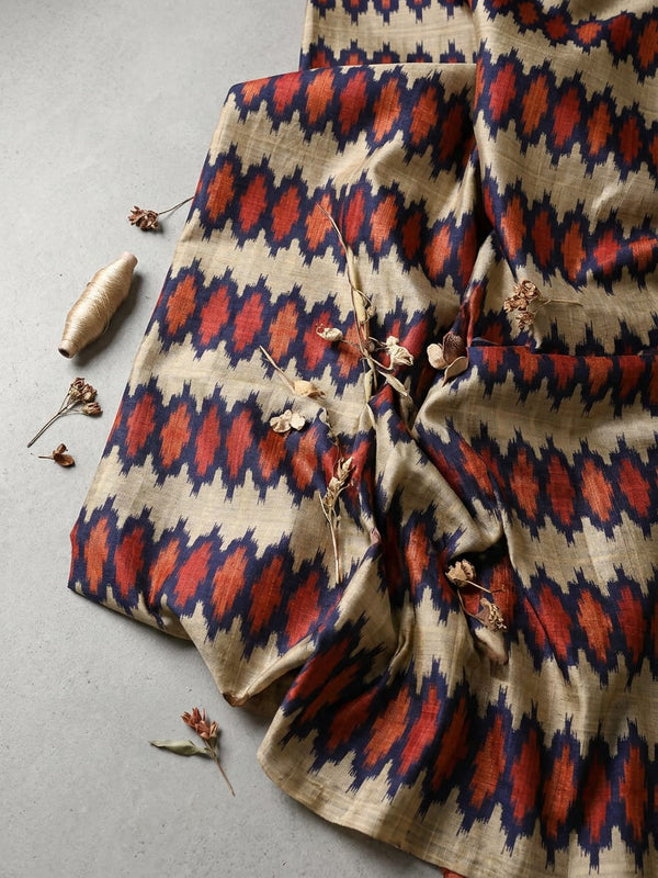 Multicolor Ethnic Ikat Pattern Tusser Silk Digital Printed Fabric