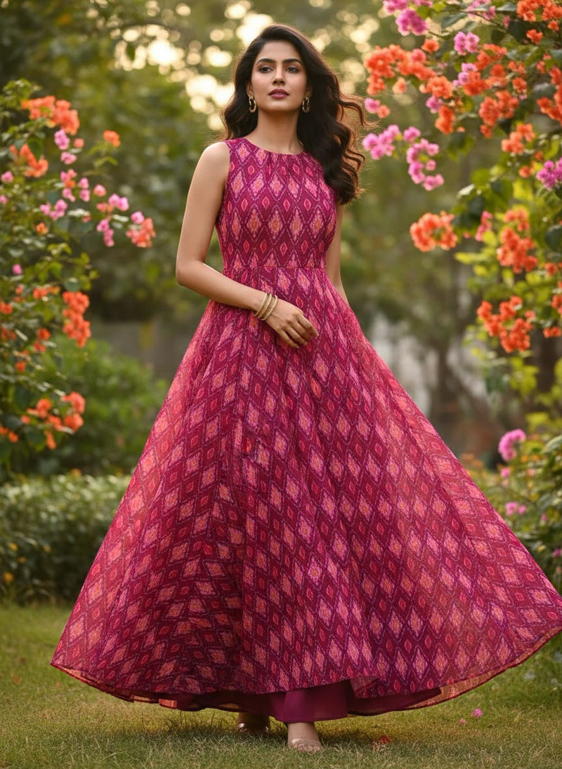 Classic Multi Pattern Ikat Pink Colour Digital Printed Fabric - Weightless