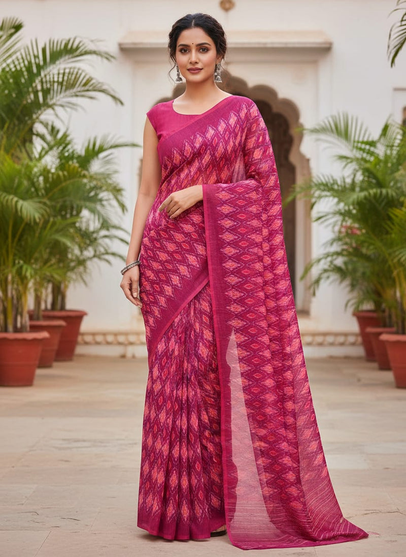 Classic Multi Pattern Ikat Pink Colour Digital Printed Fabric - Weightless