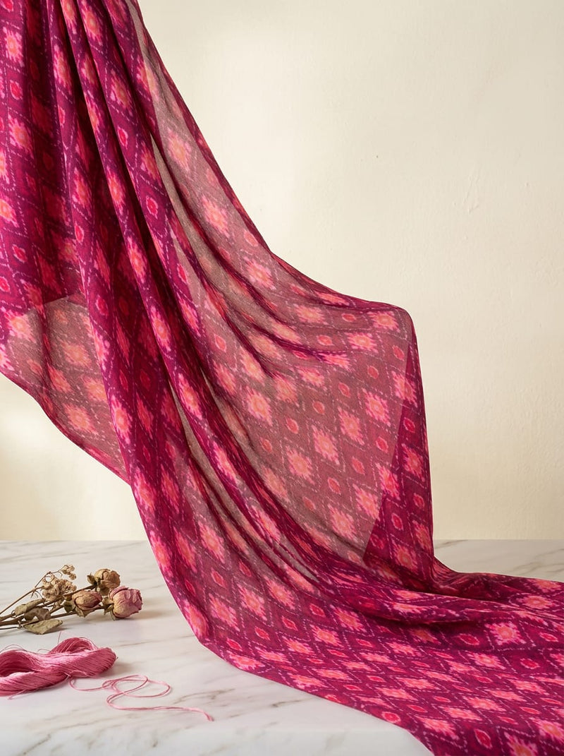 Maroon Ethnic Ikat Diamond Pattern Weightless Digital Printed Fabric