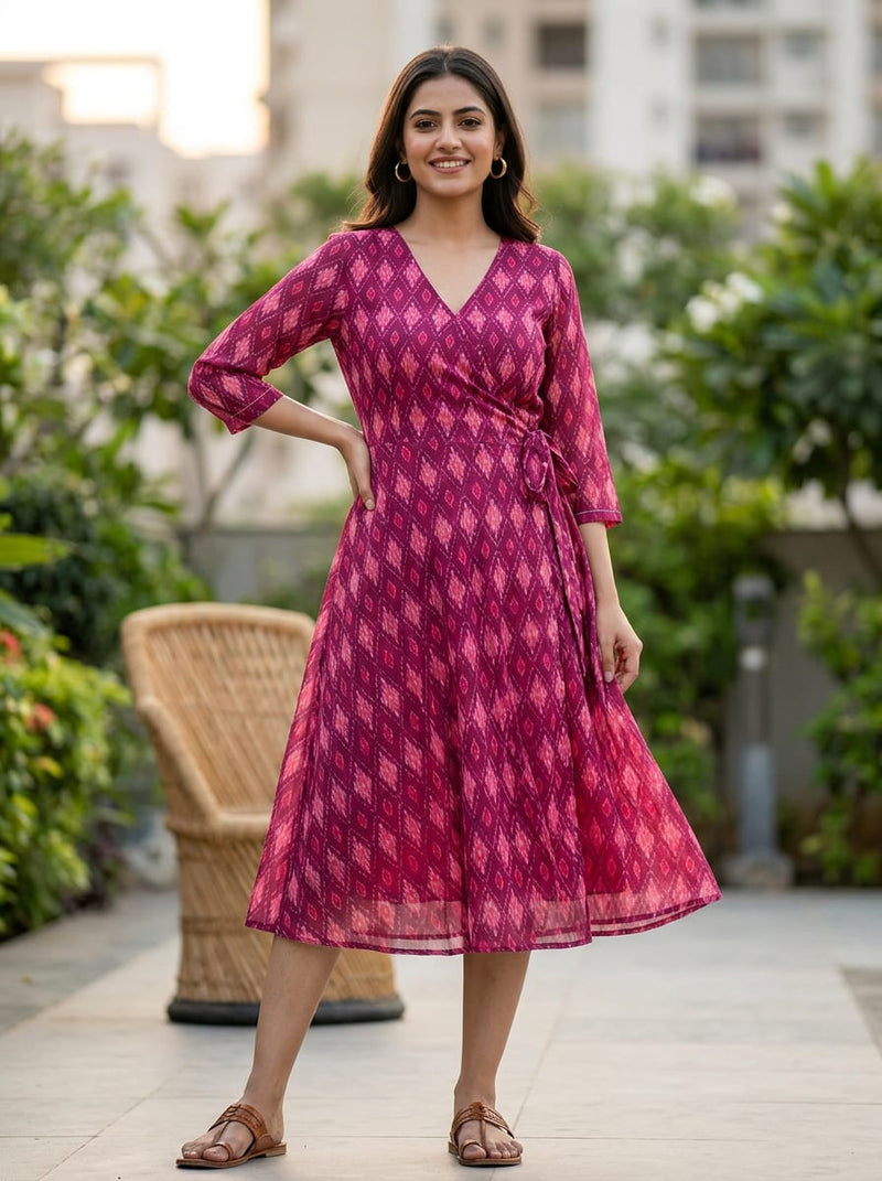 Maroon Ethnic Ikat Diamond Pattern Weightless Digital Printed Fabric