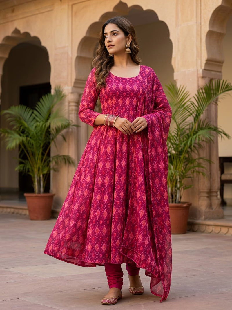 Maroon Ethnic Ikat Diamond Pattern Weightless Digital Printed Fabric