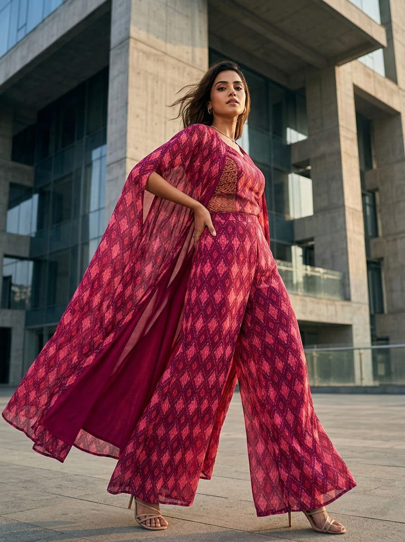 Maroon Ethnic Ikat Diamond Pattern Weightless Digital Printed Fabric