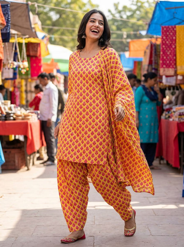 Yellow Ethnic Buti Print Pure Cotton Digital Printed Fabric - Patiala Salwar Set Lookbook - PCO-0-MA03417-108 - alternate view