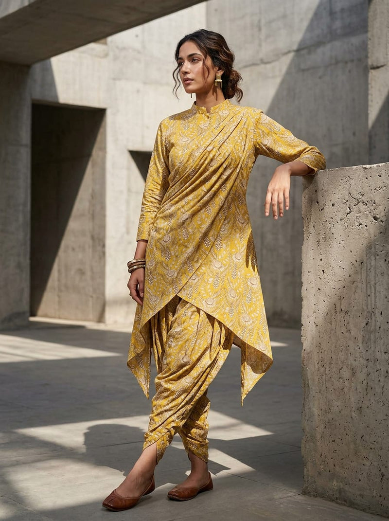 Yellow Dense Botanical Floral Pure Cotton Digital Printed Fabric