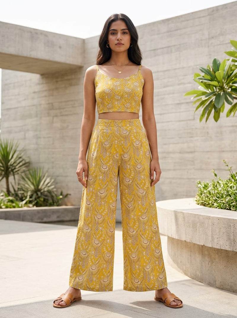 Yellow Dense Botanical Floral Pure Cotton Digital Printed Fabric