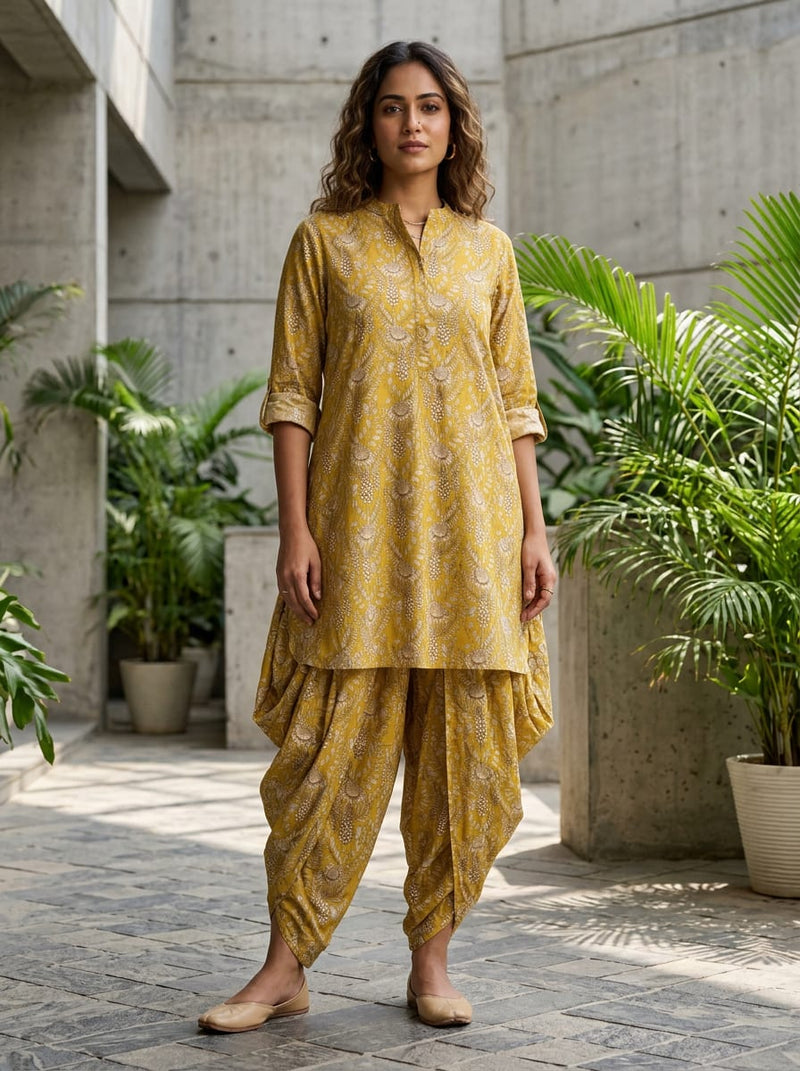 Yellow Dense Botanical Floral Pure Cotton Digital Printed Fabric