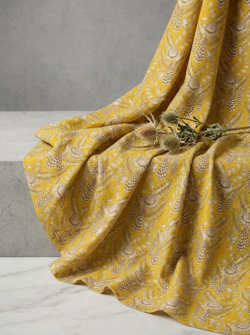 Yellow Dense Botanical Floral Pure Cotton Digital Printed Fabric