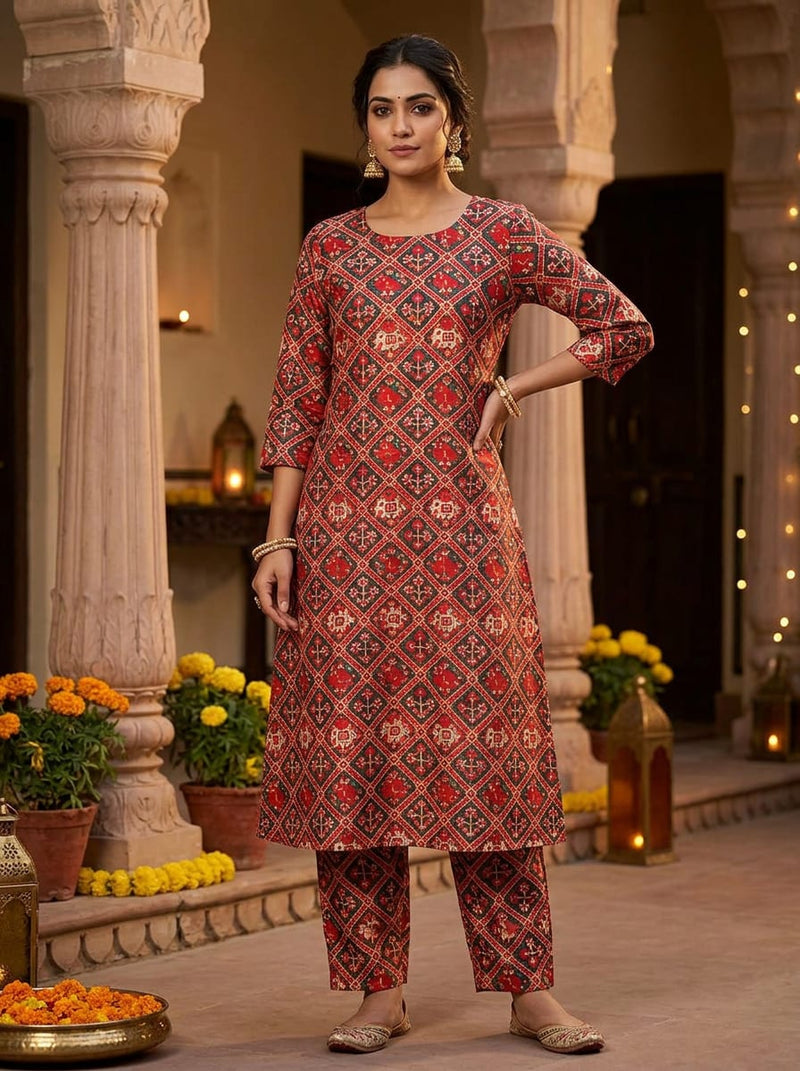 Red and Black Ethnic Patola Print Tusser Silk Digital Printed Fabric
