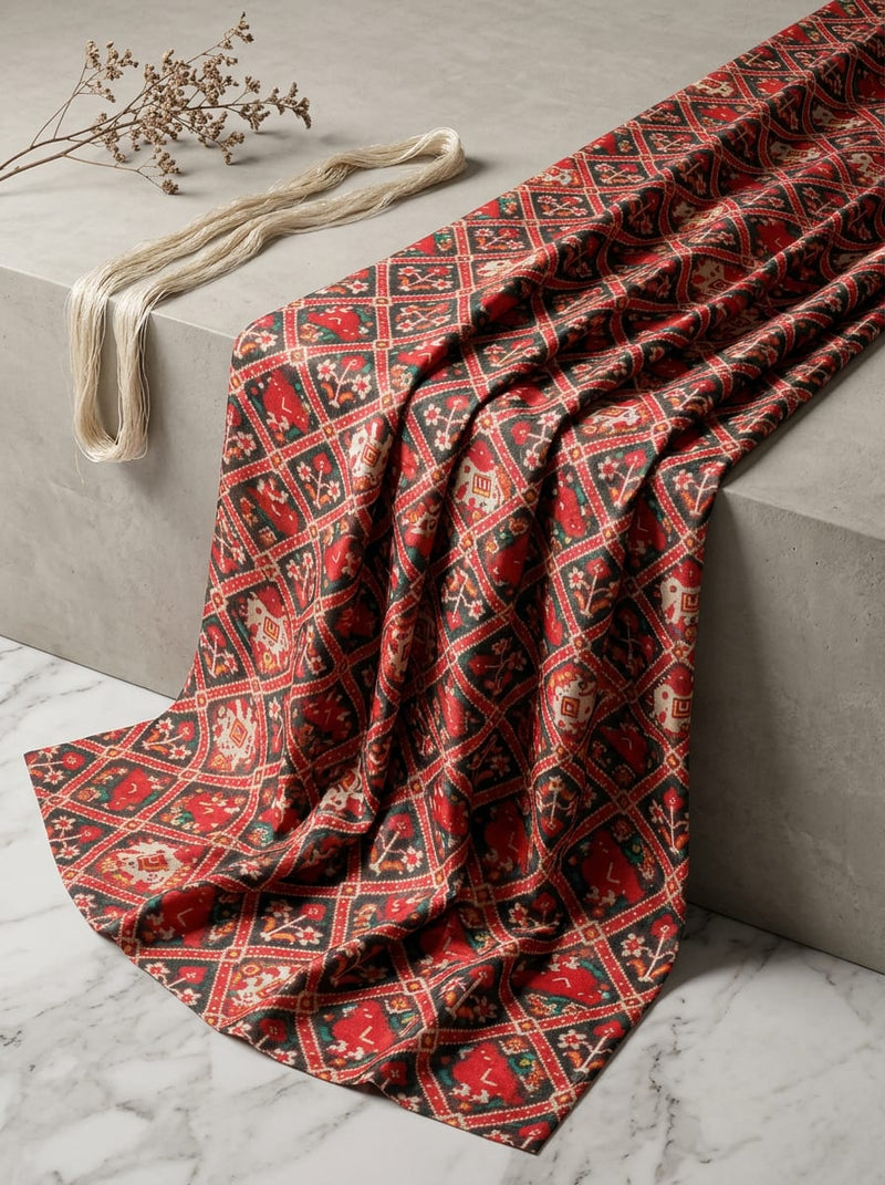 Red and Black Ethnic Patola Print Tusser Silk Digital Printed Fabric