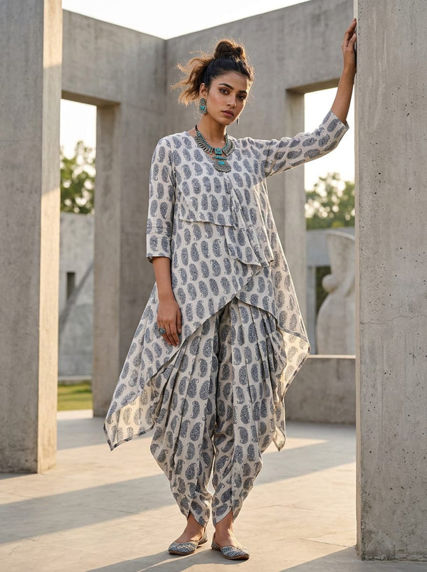 Cream Classic Grey Paisley Motif Pure Cotton Digital Printed Fabric - Asymmetric Tunic with Dhoti Pants Lookbook - PCO-0-MA04666-108 - alternate view