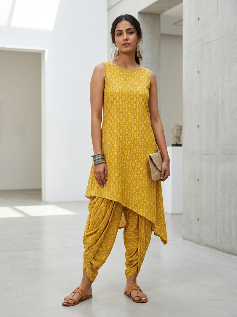 Yellow Dainty Geometric Ethnic Pattern Pure Cotton Digital Printed Fabric