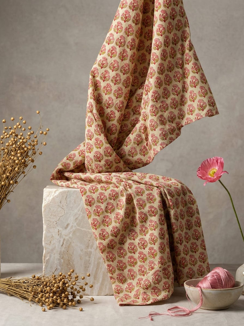 Cream Dainty Ethnic Floral Motif Pure Cotton Digital Printed Fabric