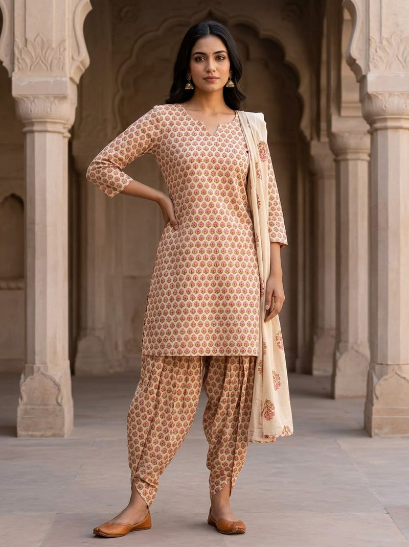 Cream Dainty Ethnic Floral Motif Pure Cotton Digital Printed Fabric
