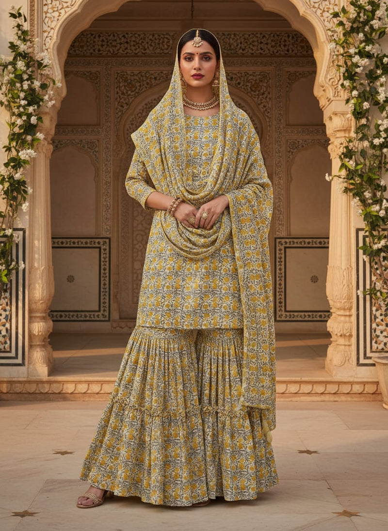 Repeat Yellow Calico Flower With Buds Digital Printed Fabric - Pure Georgette