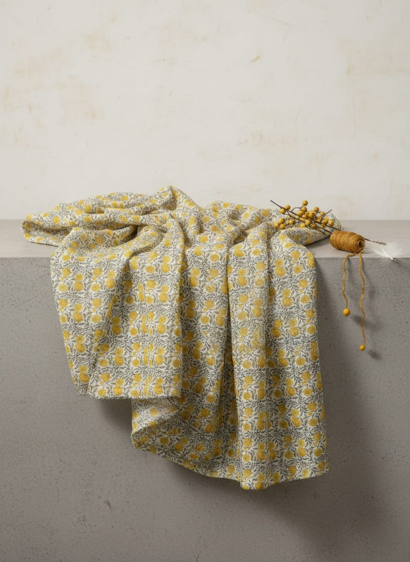 Repeat Yellow Calico Flower With Buds Digital Printed Fabric - Pure Georgette