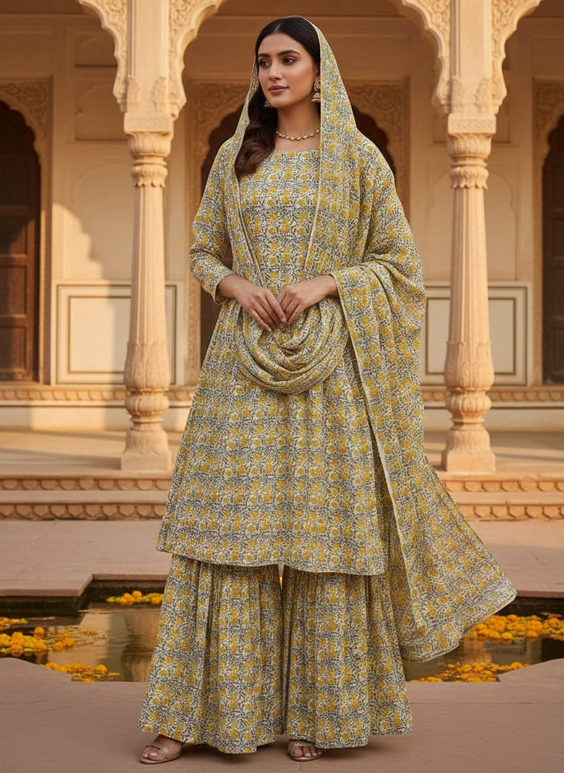 Repeat Yellow Calico Flower With Buds Digital Printed Fabric - Pure Georgette