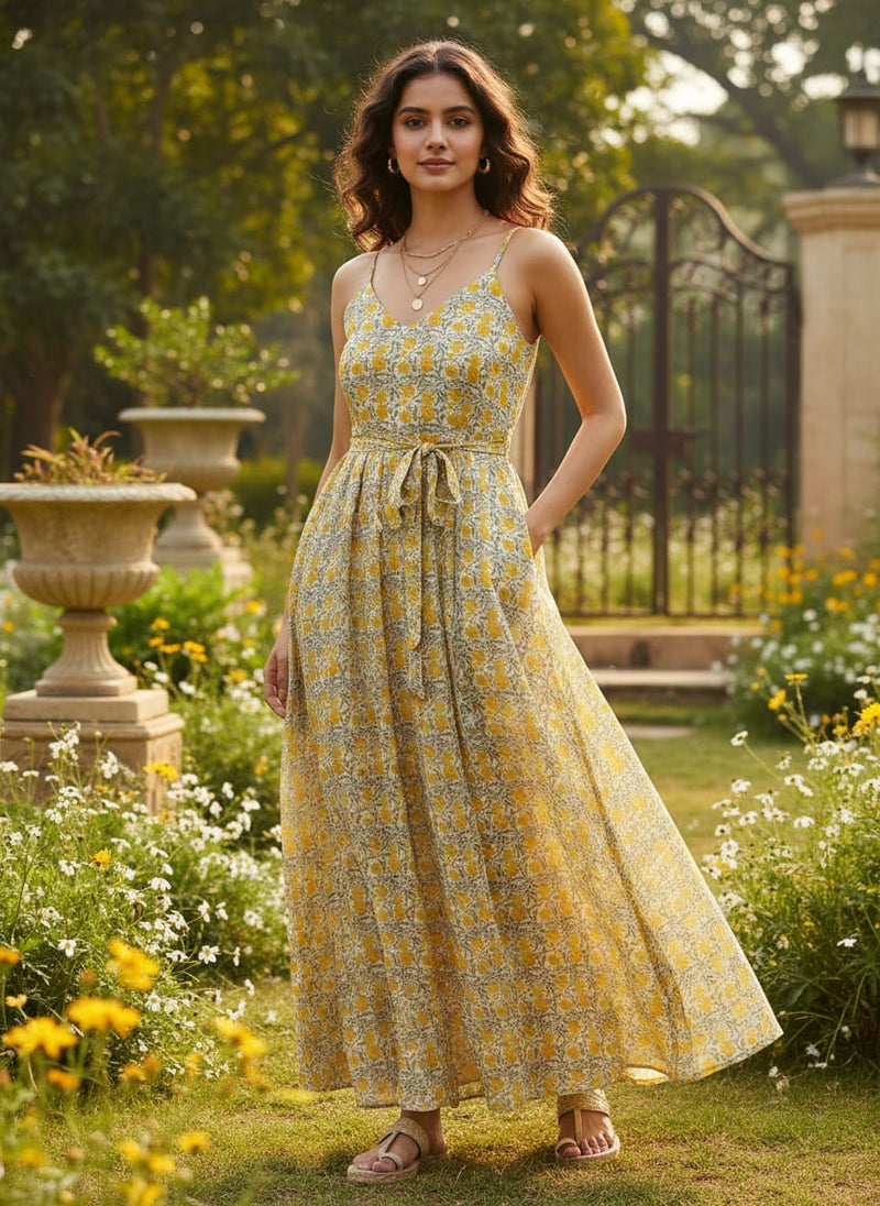 Repeat Yellow Calico Flower With Buds Digital Printed Fabric - Pure Georgette