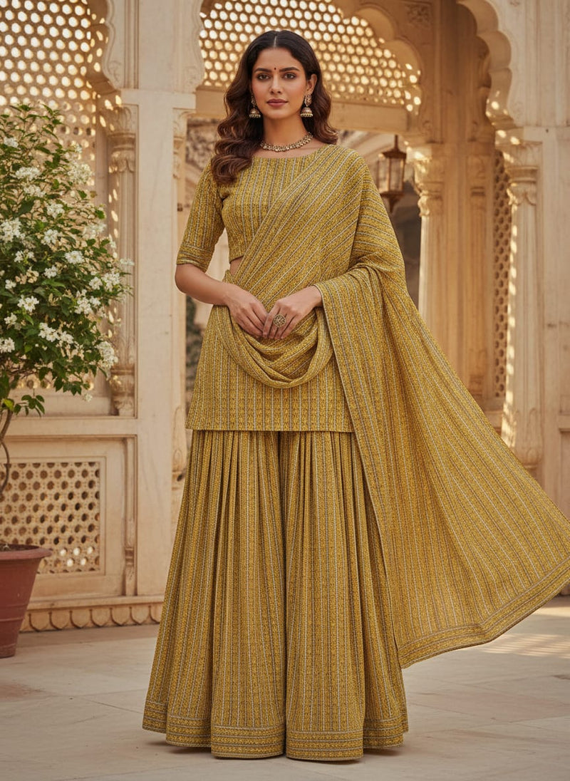 Decorative Yellow Strips Leaves Digital Printed Fabric - Pure Georgette