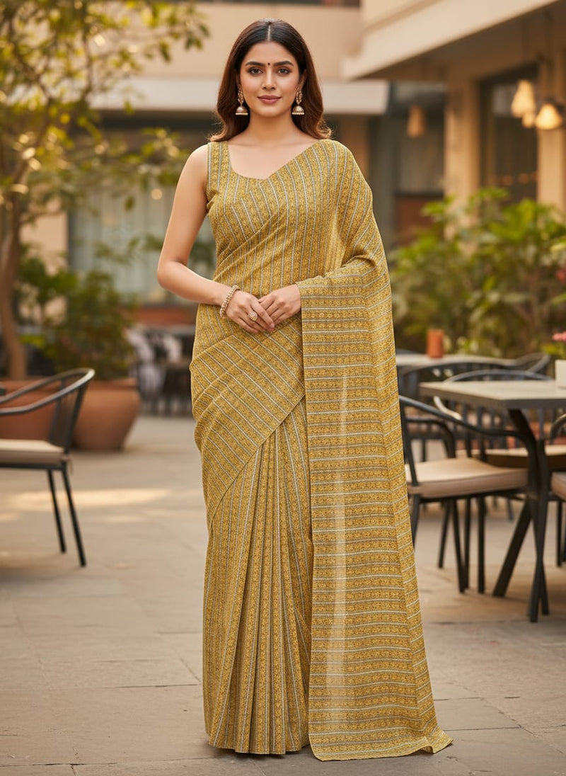 Decorative Yellow Strips Leaves Digital Printed Fabric - Pure Georgette