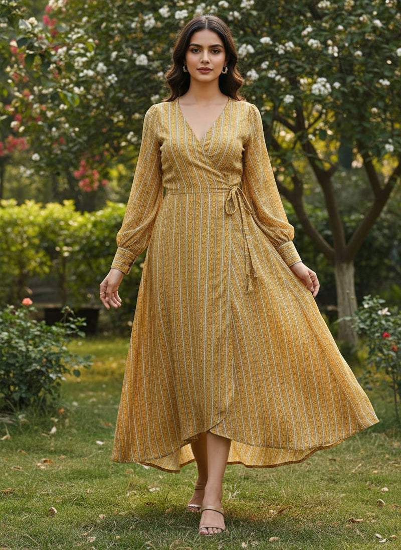 Decorative Yellow Strips Leaves Digital Printed Fabric - Pure Georgette