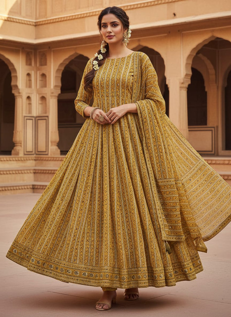 Decorative Yellow Strips Leaves Digital Printed Fabric - Pure Georgette