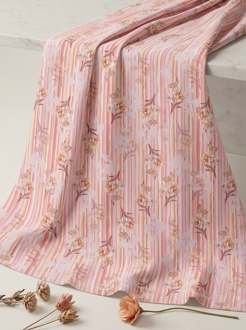 Pink Dainty Floral with Painterly Stripes Pure Cotton Digital Printed Fabric