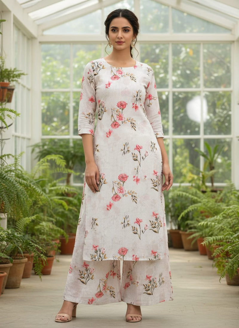 Pink Botanical Flower With Leaves Digital Printed Fabric - Pure Cotton