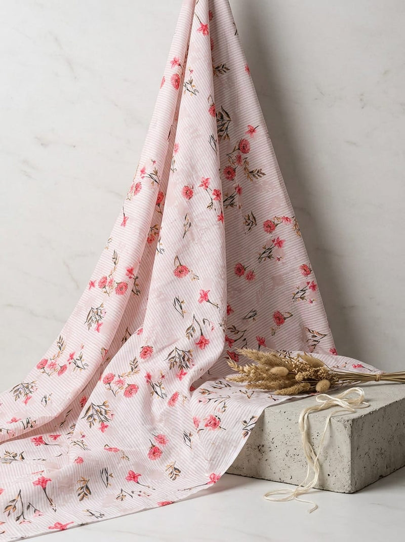 Pink Botanical Floral on Striped Background Pure Cotton Digital Printed Fabric