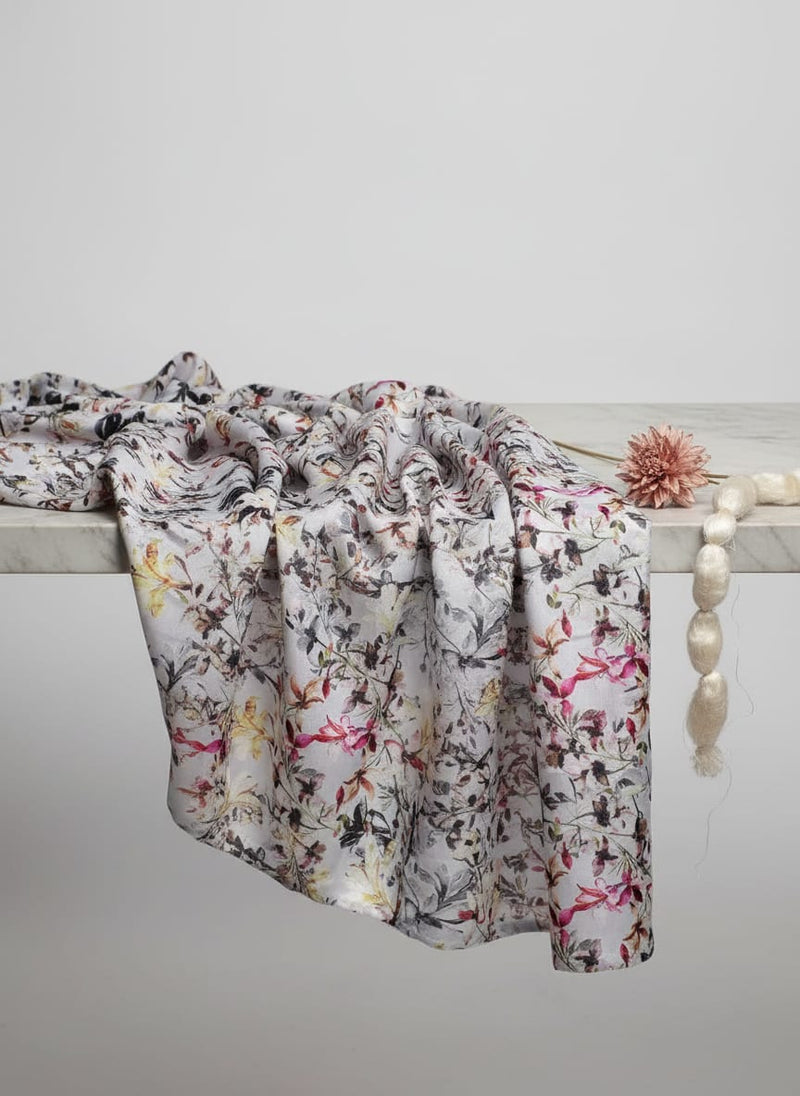 Calico Flower Yellow And Purple Floral Digital Printed Fabric - Silk Crepe