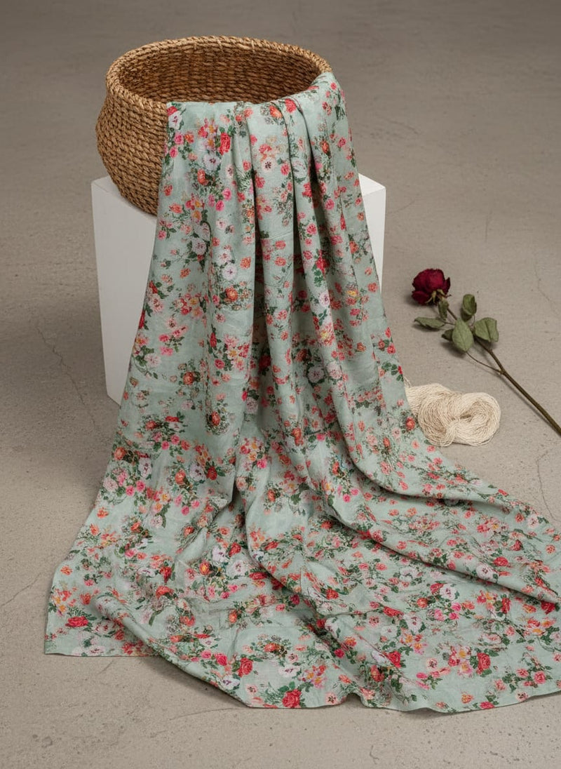 White Daisy With Red Roses Floral Digital Printed Fabric - Pure Cotton