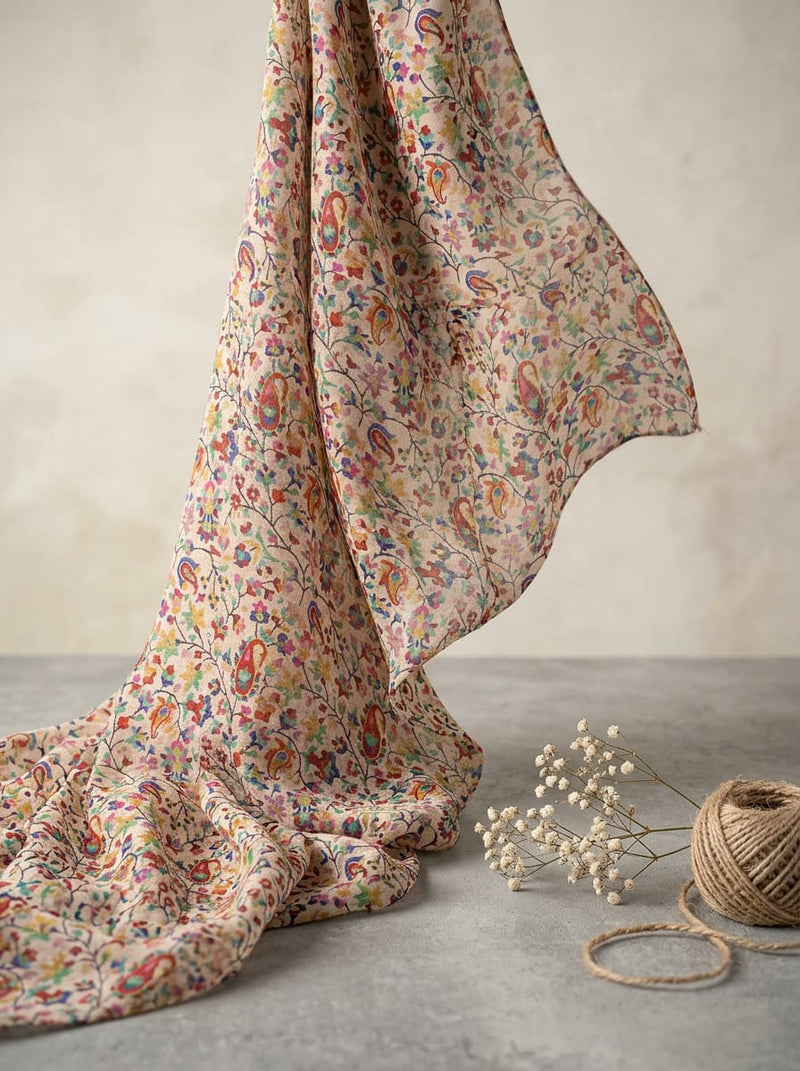 Multicolor Small Scale Paisley Floral Jaal Weightless Digital Printed Fabric