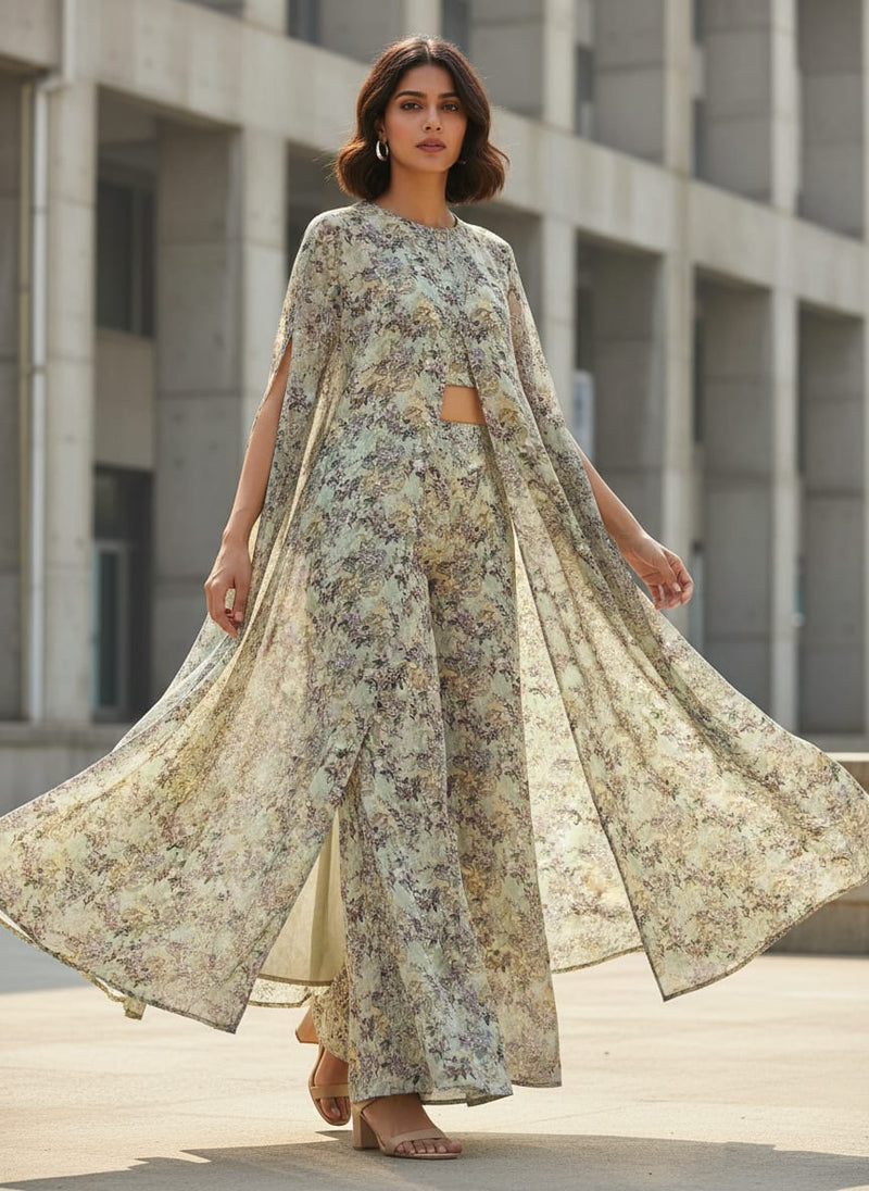 Tiny Border Paisley With Green Leaves Digital Printed Fabric - Pure Georgette