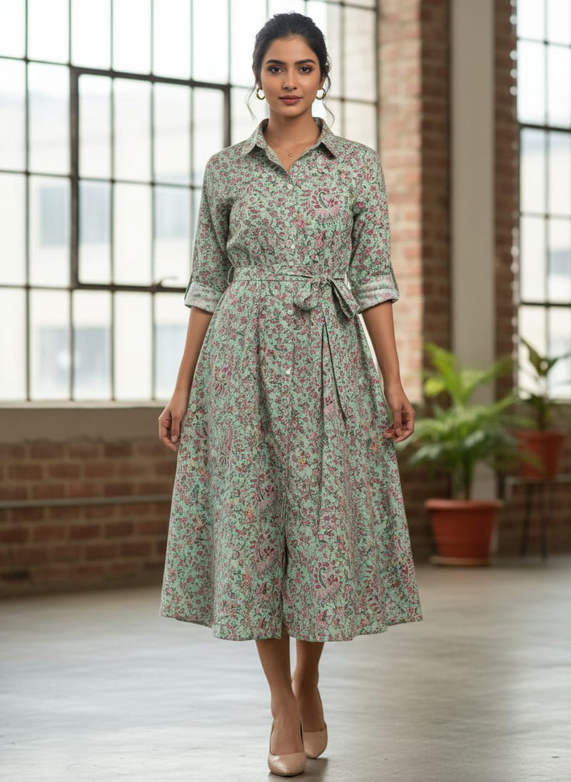 Tiny Western Leaves With Flower Digital Printed Fabric - Pure Cotton
