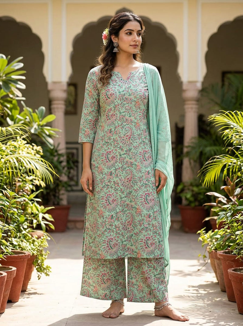 Green Ditsy Floral and Paisley Print Pure Cotton Digital Printed Fabric