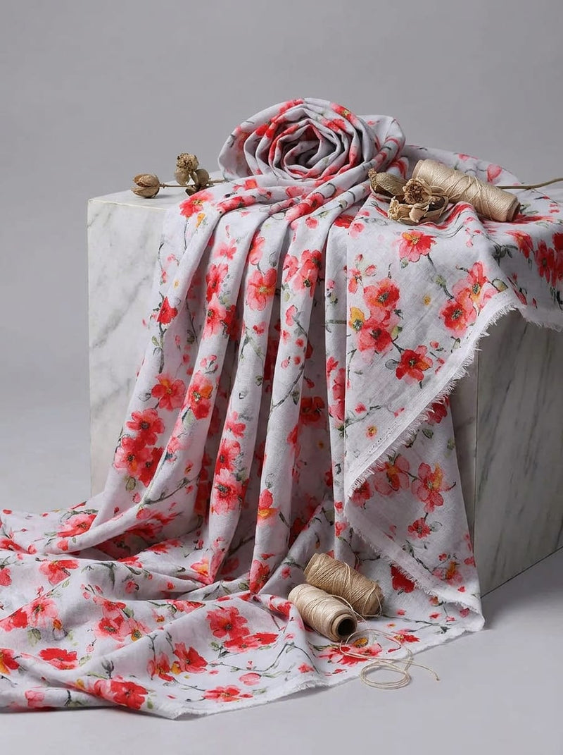 Red Watercolor Blossom Floral Pure Cotton Digital Printed Fabric