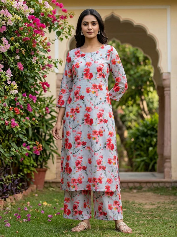 Red Watercolor Blossom Floral Pure Cotton Digital Printed Fabric - Straight Kurta with Palazzo Lookbook - PCO-0-TA06067-108 - alternate view