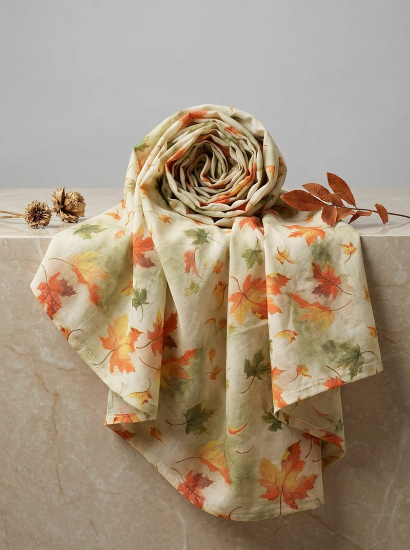 Multicolor Autumnal Falling Leaves Pure Cotton Digital Printed Fabric