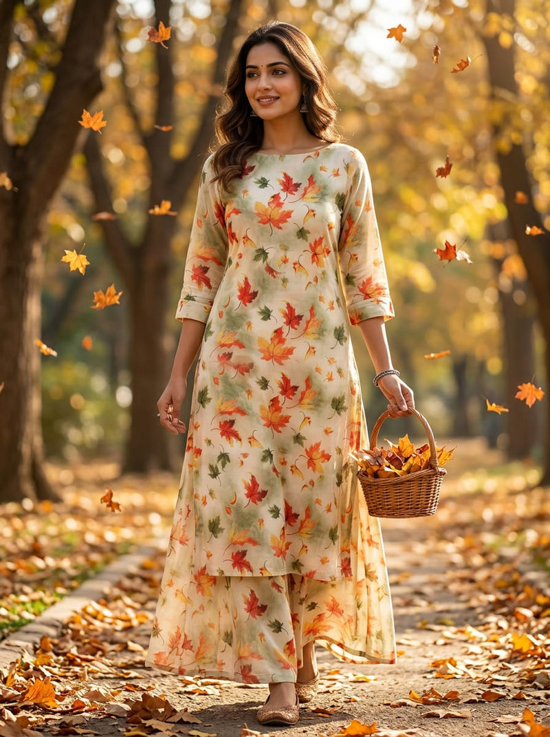 Multicolor Autumnal Falling Leaves Pure Cotton Digital Printed Fabric