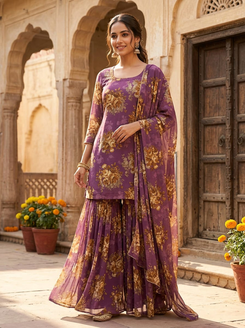 Purple Vintage Golden Rose Bouquet Weightless Digital Printed Fabric