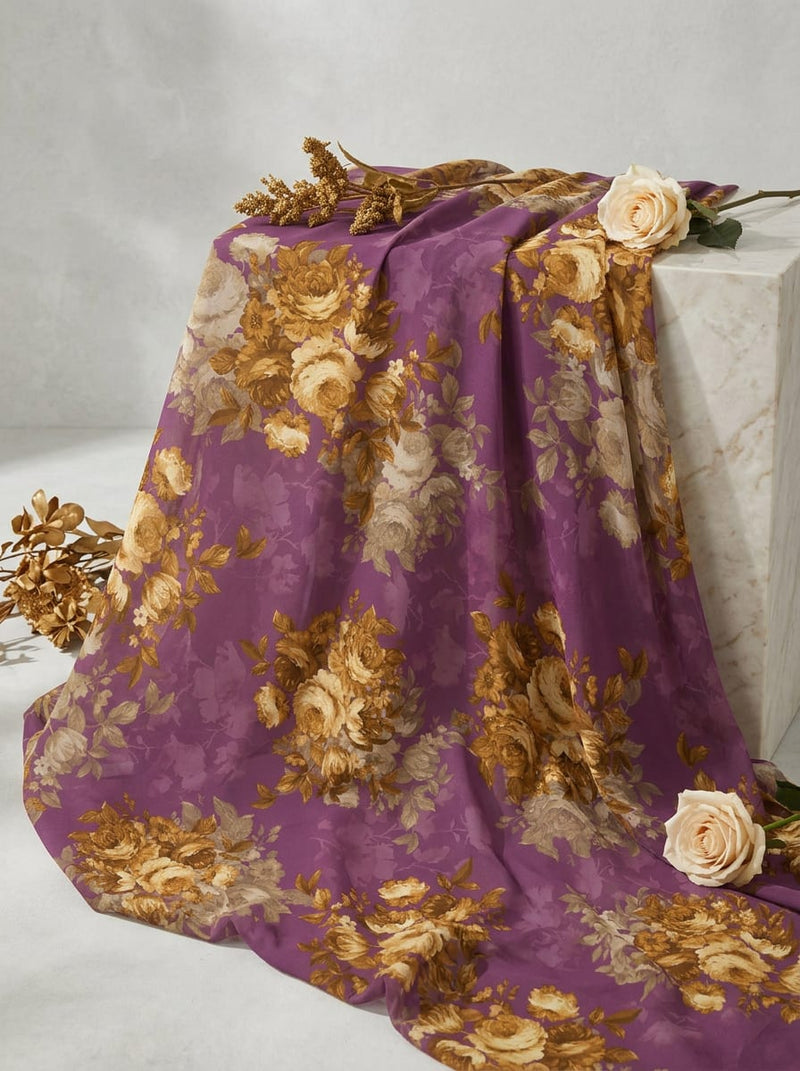 Purple Vintage Golden Rose Bouquet Weightless Digital Printed Fabric