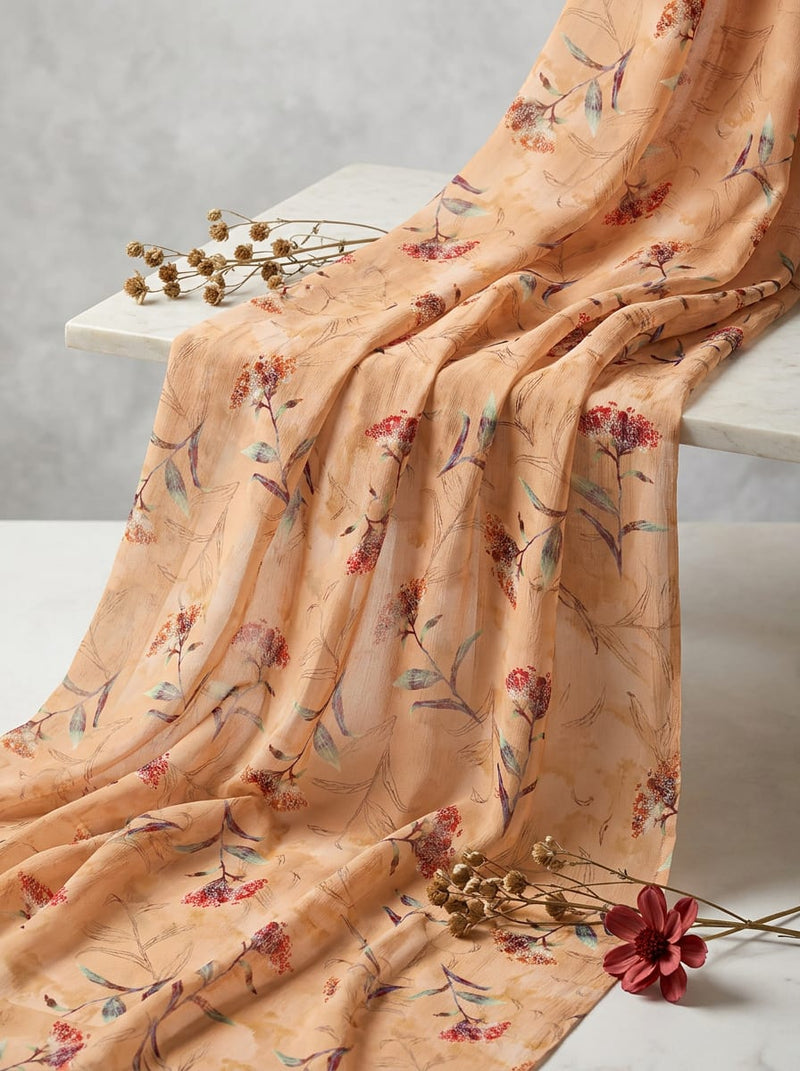 Peach Watercolor Botanical Sprigs Pure Georgette Digital Printed Fabric