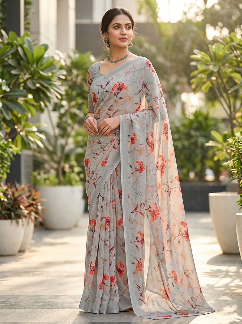Grey Painterly Red Floral Stems Pure Georgette Digital Printed Fabric