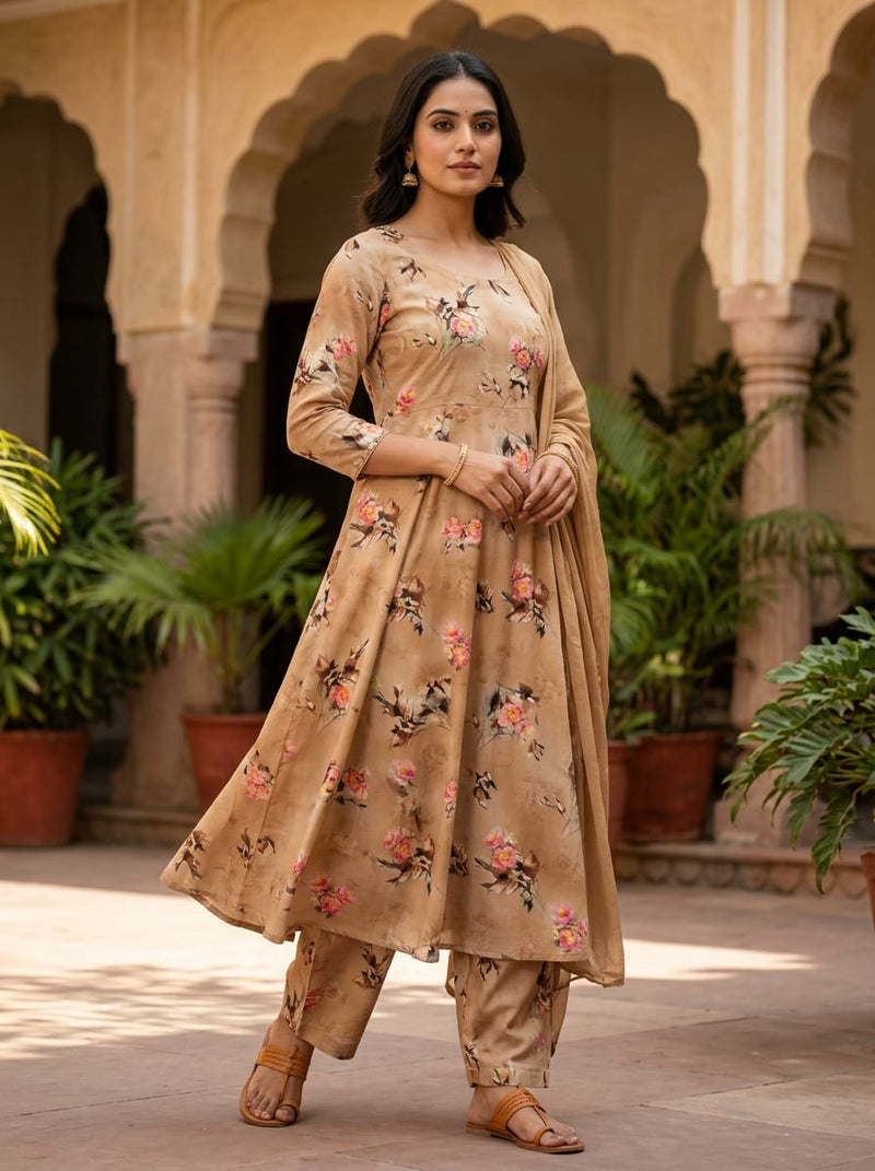 Brown Artistic Floral Bouquets Pure Cotton Digital Printed Fabric