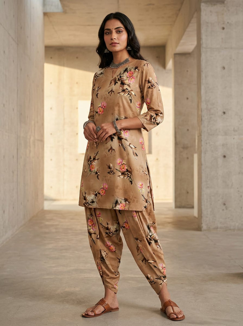 Brown Artistic Floral Bouquets Pure Cotton Digital Printed Fabric