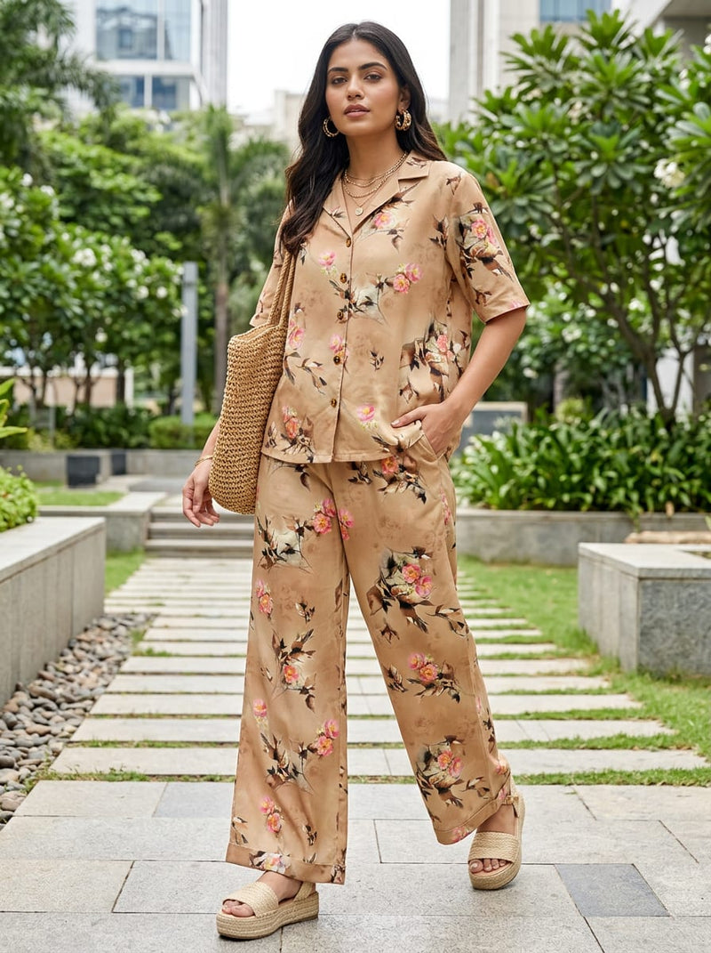 Brown Artistic Floral Bouquets Pure Cotton Digital Printed Fabric